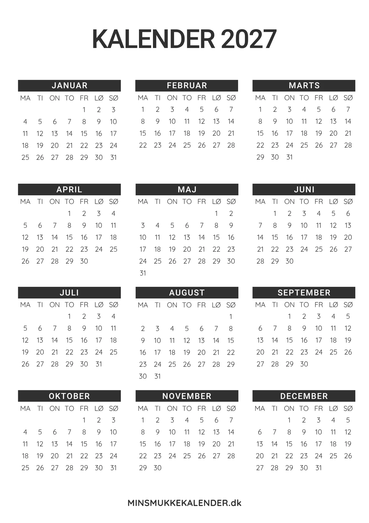 Årskalender 2027 til print - simpelt design for hele året
