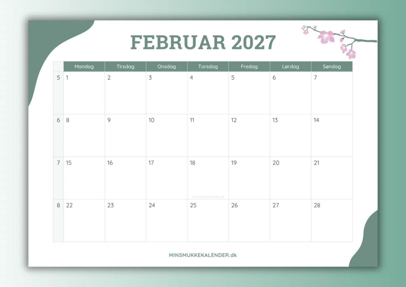 forhåndsvisning af februar 2027 kalender til print - thumbnail til download