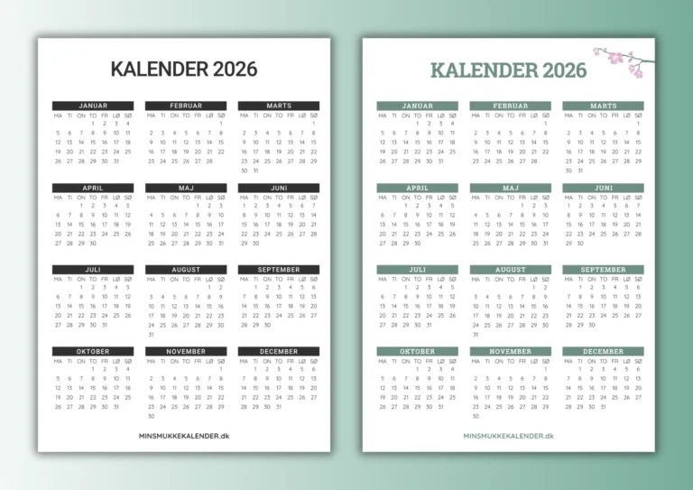 gratis årskalendere 2026 - to designs til udskrift
