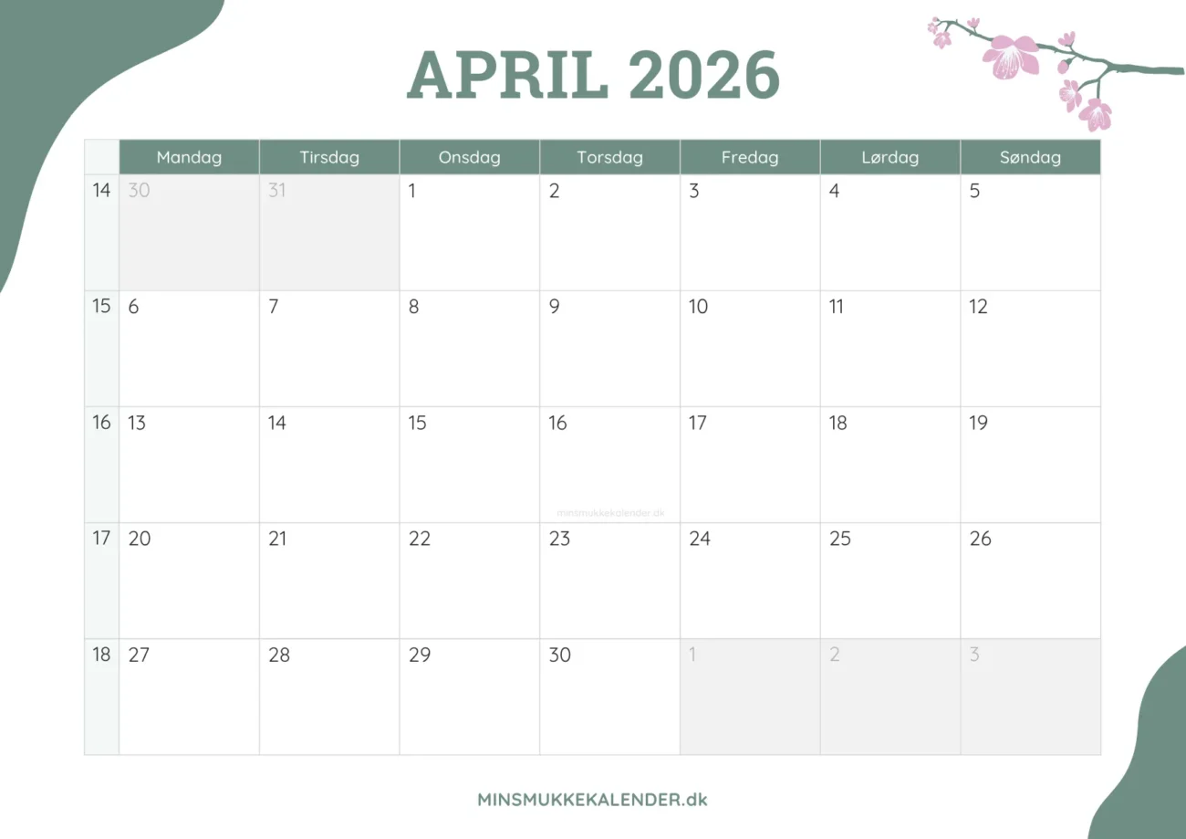 gratis månedskalender april 2026 - dekoreret med kirsebærblomster