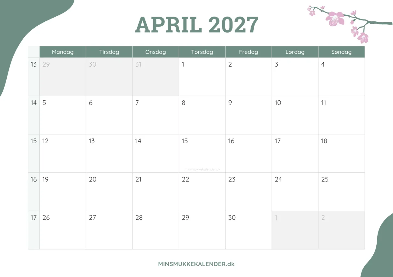 gratis månedskalender april 2027 - dekoreret med kirsebærblomster