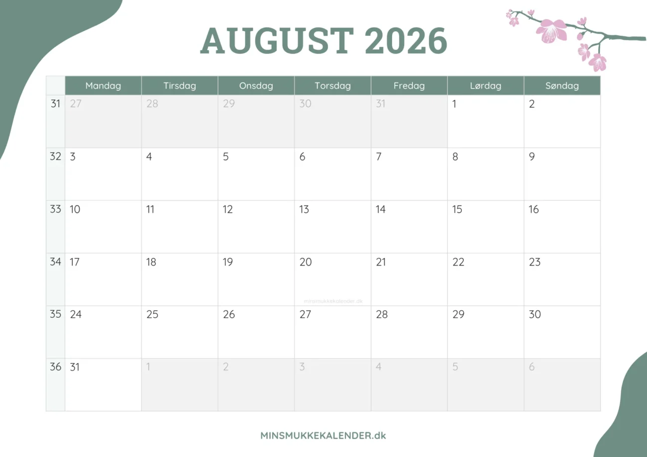 gratis månedskalender august 2026 - dekoreret med kirsebærblomster