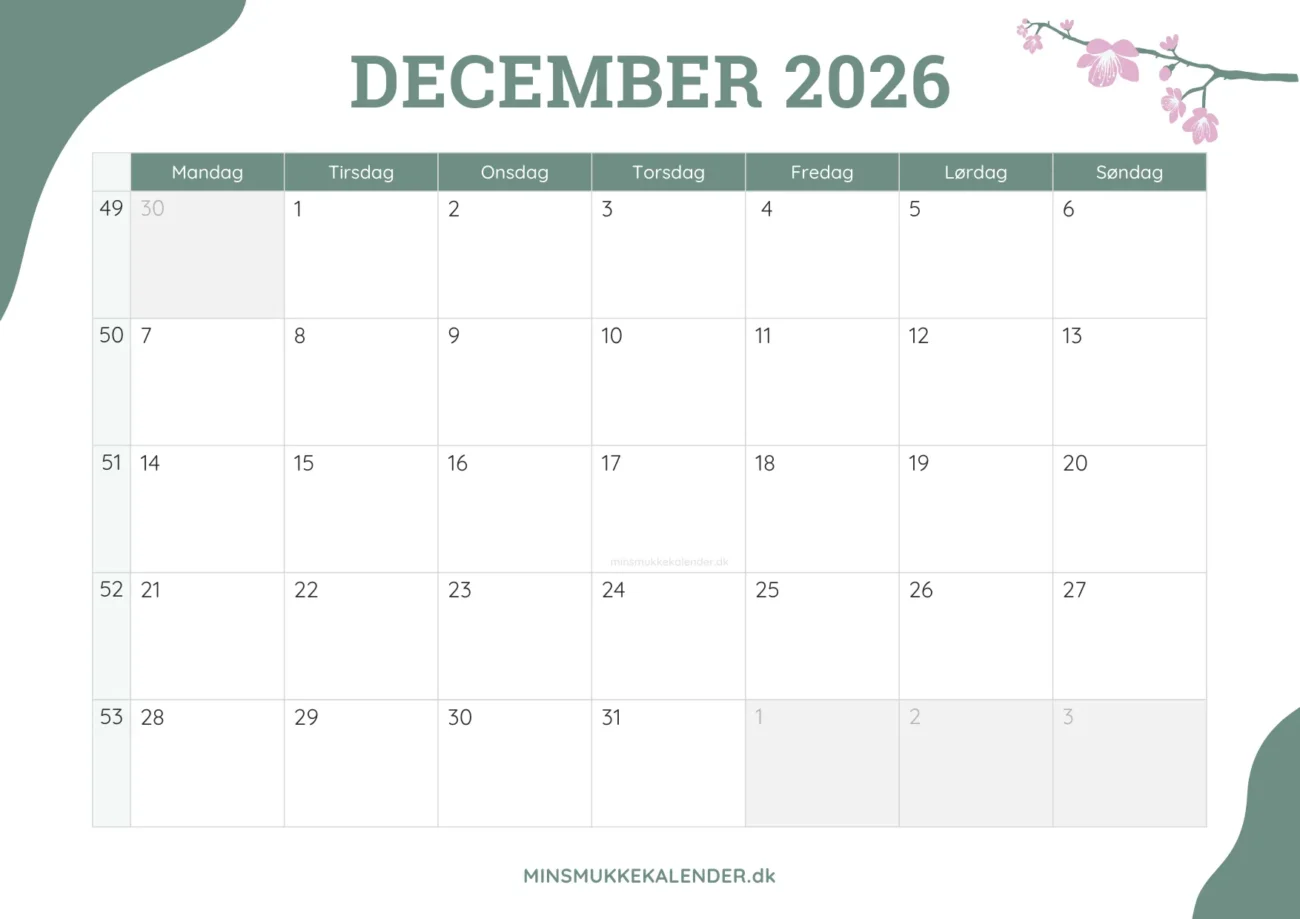 gratis månedskalender december 2026 - dekoreret med kirsebærblomster