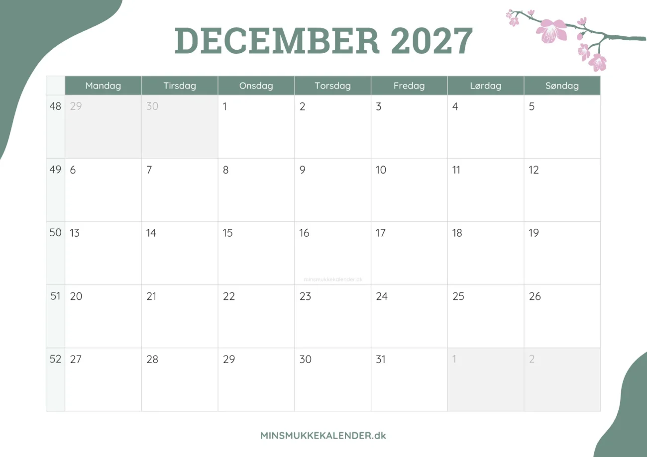 gratis månedskalender december 2027 - dekoreret med kirsebærblomster
