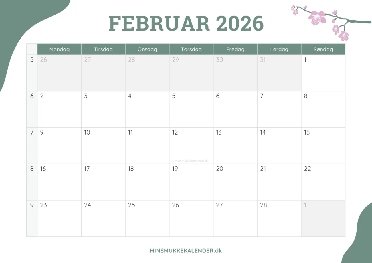gratis månedskalender februar 2026 - dekoreret med kirsebærblomster