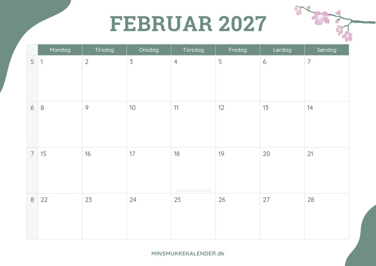 gratis månedskalender februar 2027 - dekoreret med kirsebærblomster