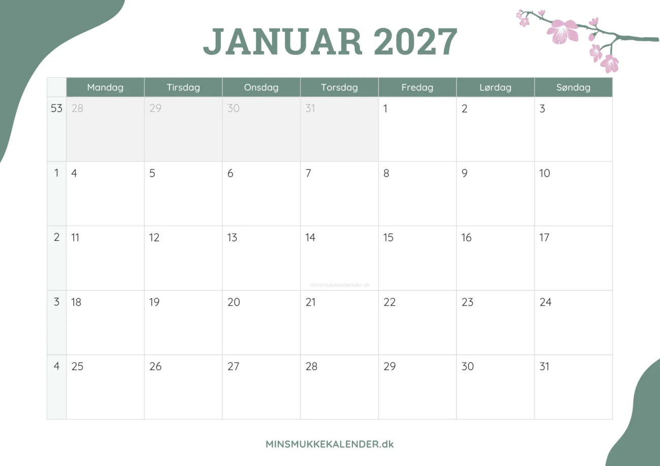 gratis månedskalender januar 2027 - dekoreret med kirsebærblomster