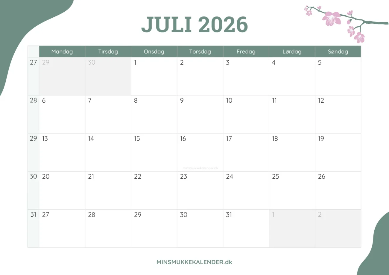 gratis månedskalender juli 2026 - dekoreret med kirsebærblomster