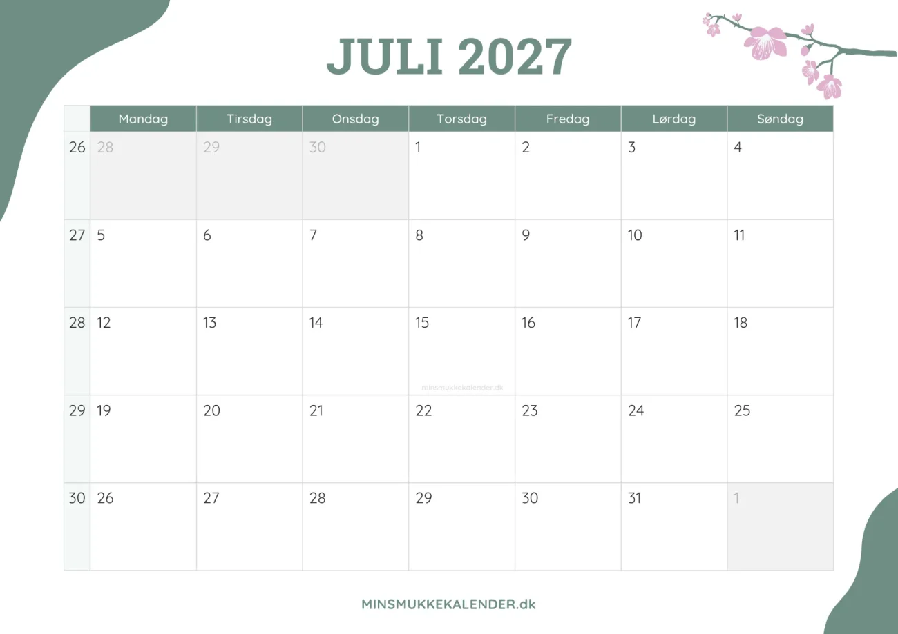 gratis månedskalender juli 2027 - dekoreret med kirsebærblomster