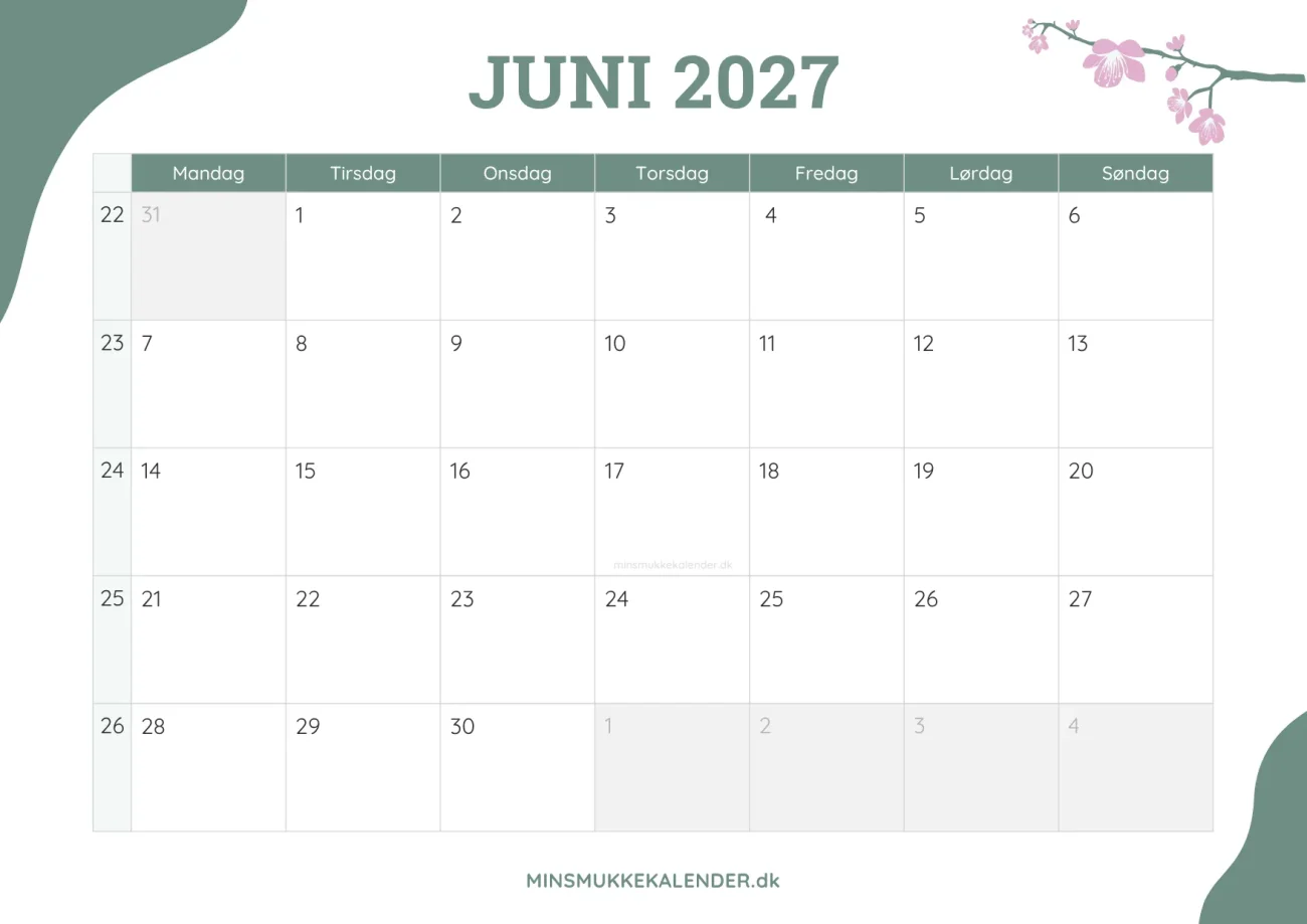 gratis månedskalender juni 2027 - dekoreret med kirsebærblomster