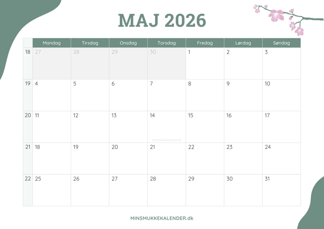 gratis månedskalender maj 026 - dekoreret med kirsebærblomster
