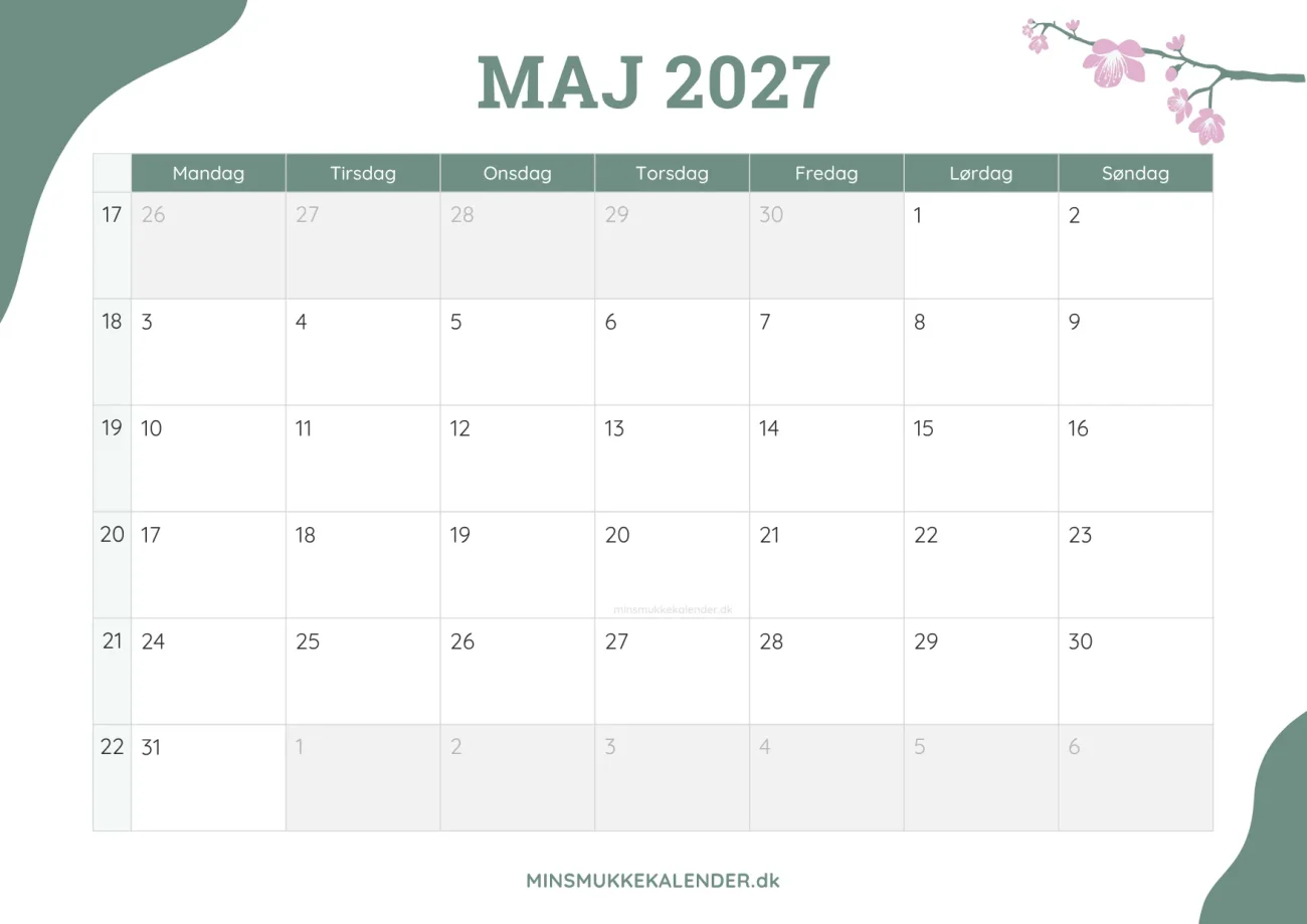 gratis månedskalender maj 2027 - dekoreret med kirsebærblomster
