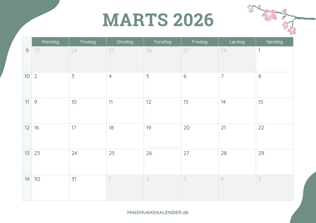 gratis månedskalender marts 2026 - dekoreret med kirsebærblomster
