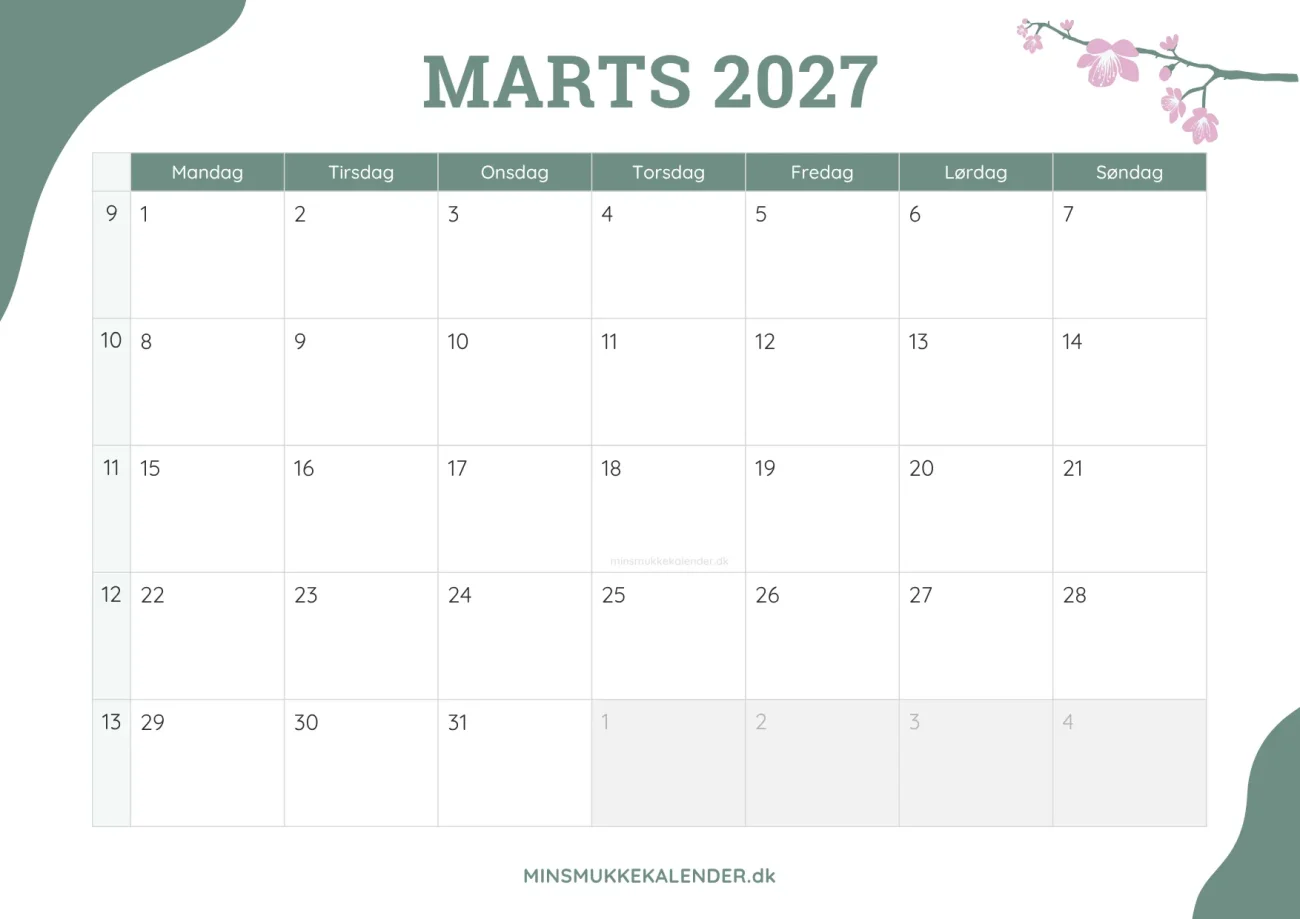 gratis månedskalender marts 2027 - dekoreret med kirsebærblomster