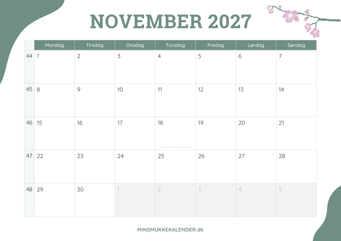 gratis månedskalender november 2027 - dekoreret med kirsebærblomster