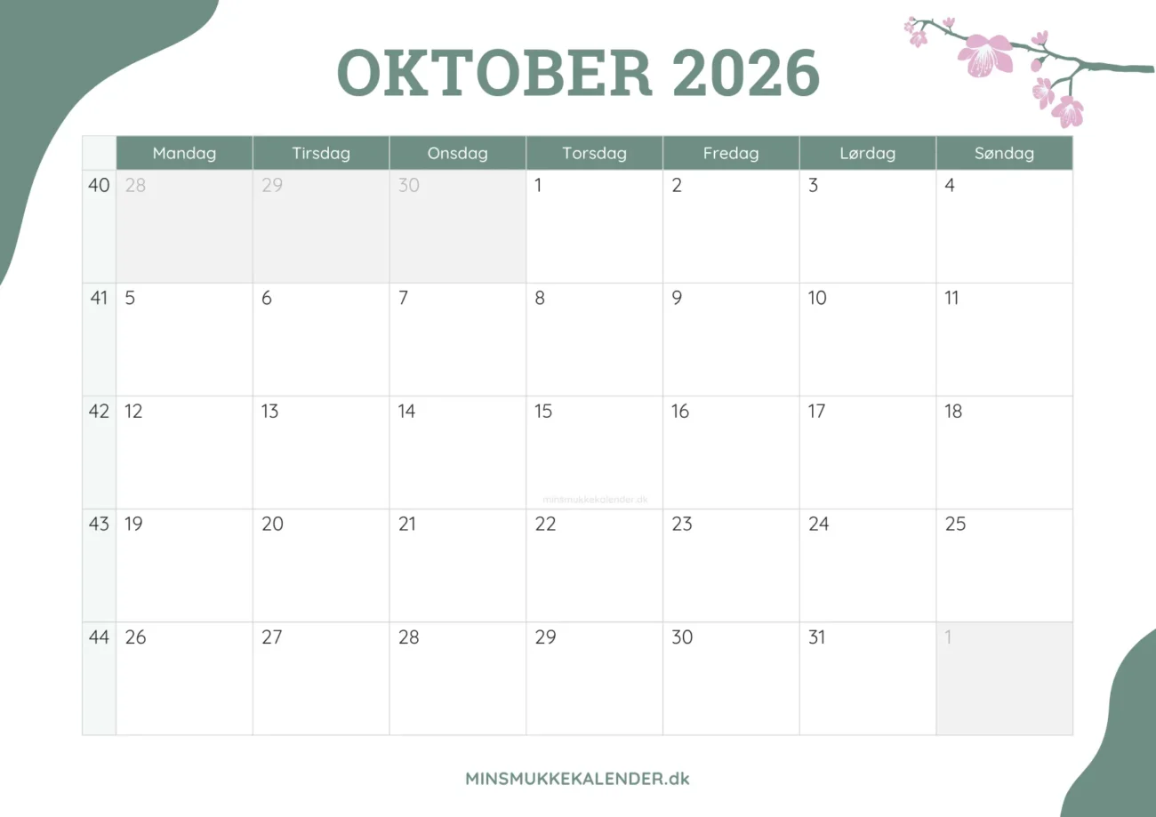 gratis månedskalender oktober 2026 - dekoreret med kirsebærblomster