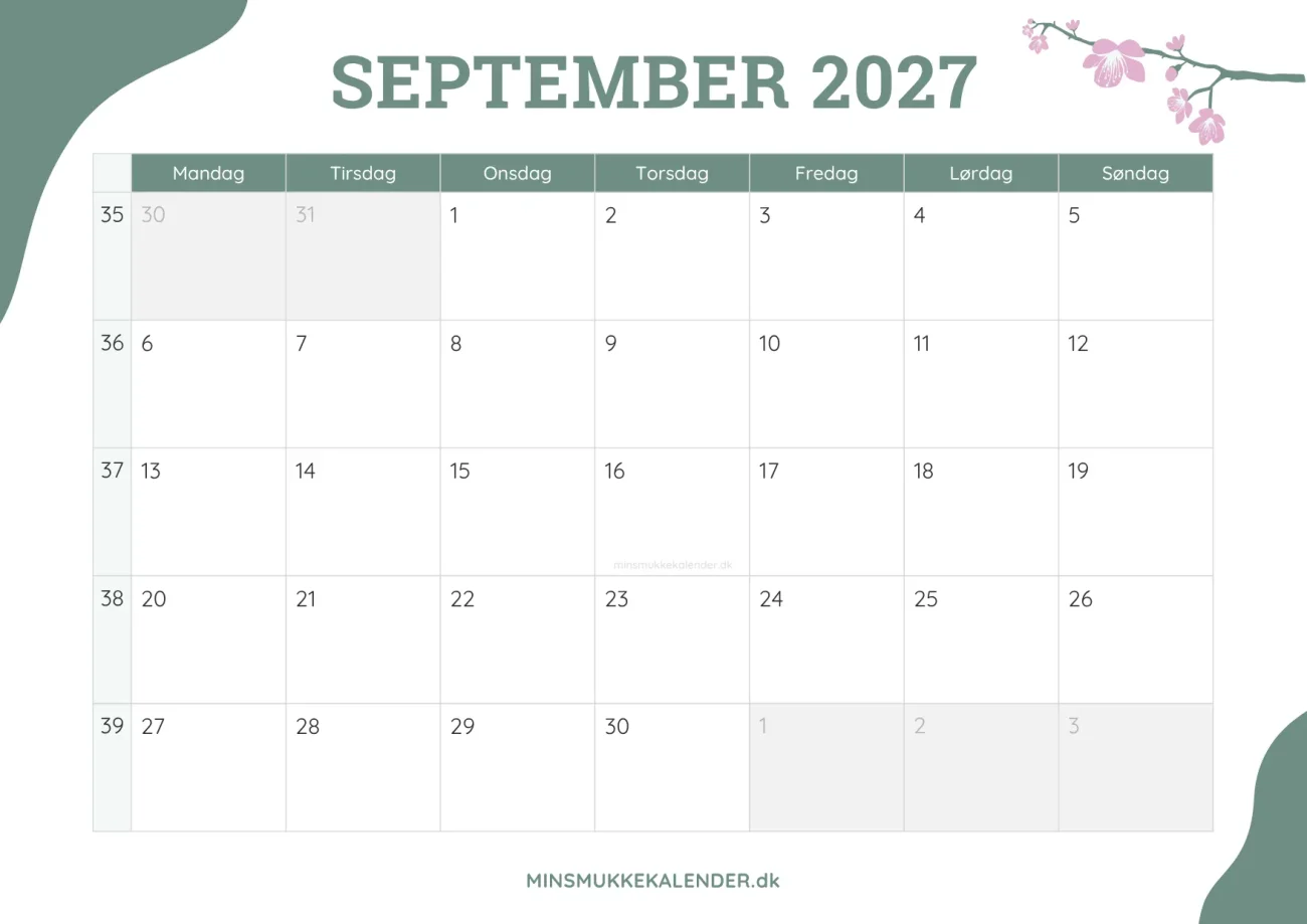 gratis månedskalender september 2027 - dekoreret med kirsebærblomster