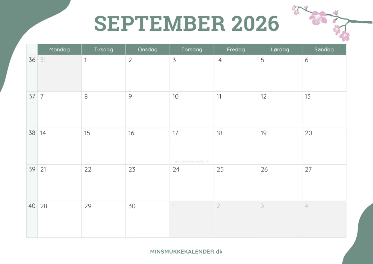 gratis månedskalender september 2026 - dekoreret med kirsebærblomster