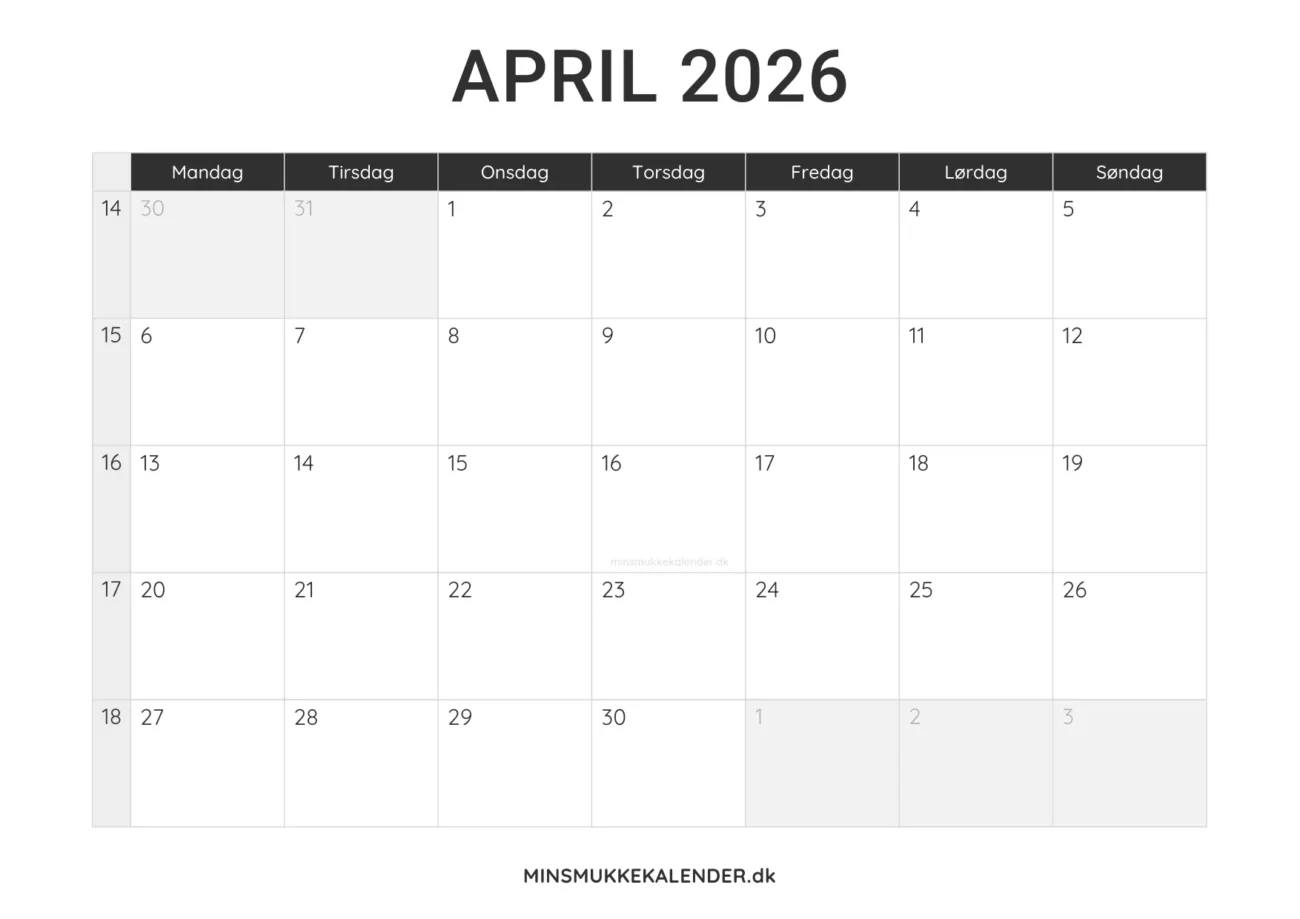print selv kalender april 2026 - minimalistisk layout til udskrift