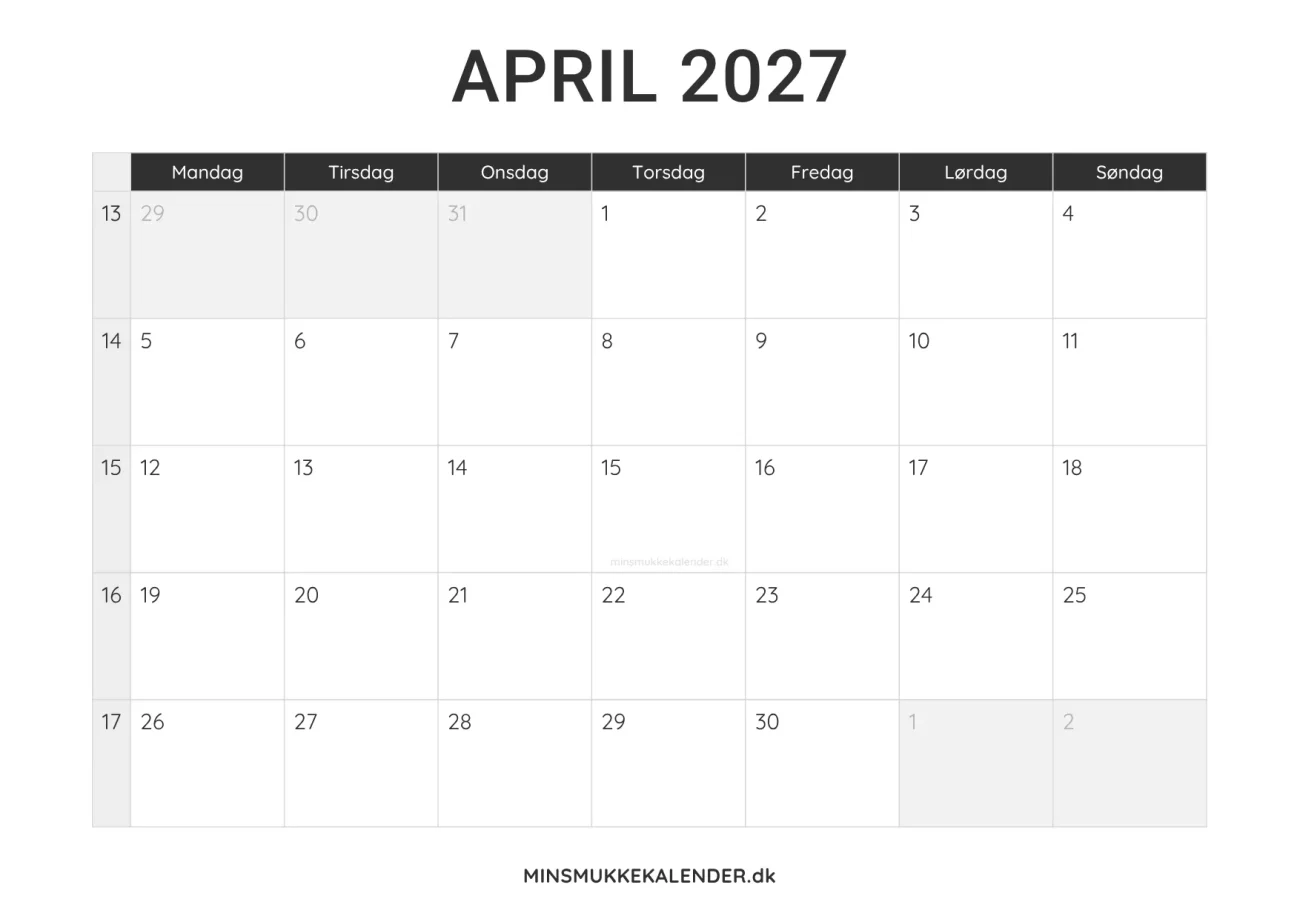 print selv kalender april 2027 - minimalistisk layout til udskrift