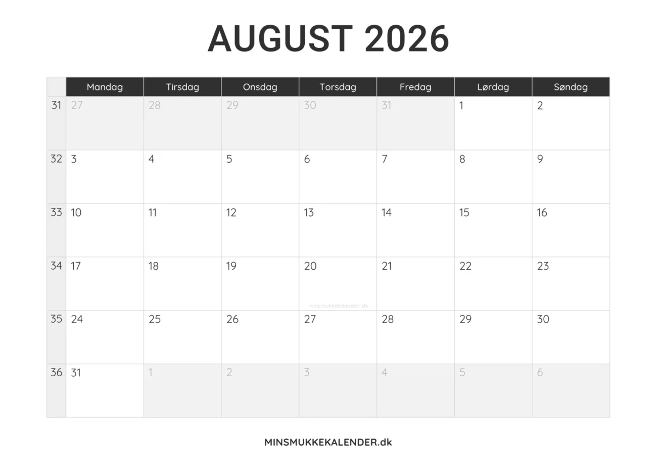print selv kalender august 2026 - minimalistisk layout til udskrift