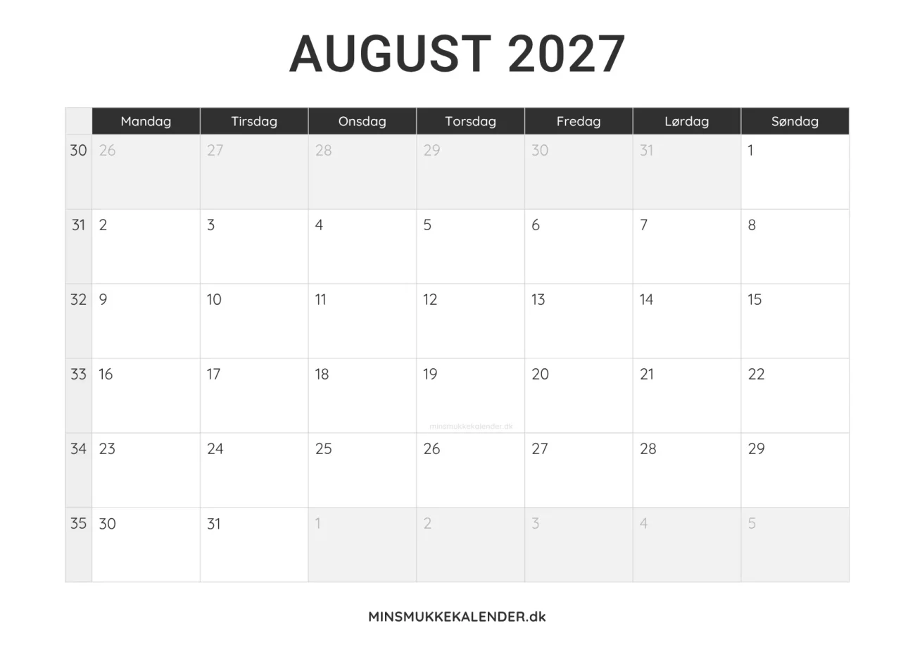 print selv kalender august 2027 - minimalistisk layout til udskrift