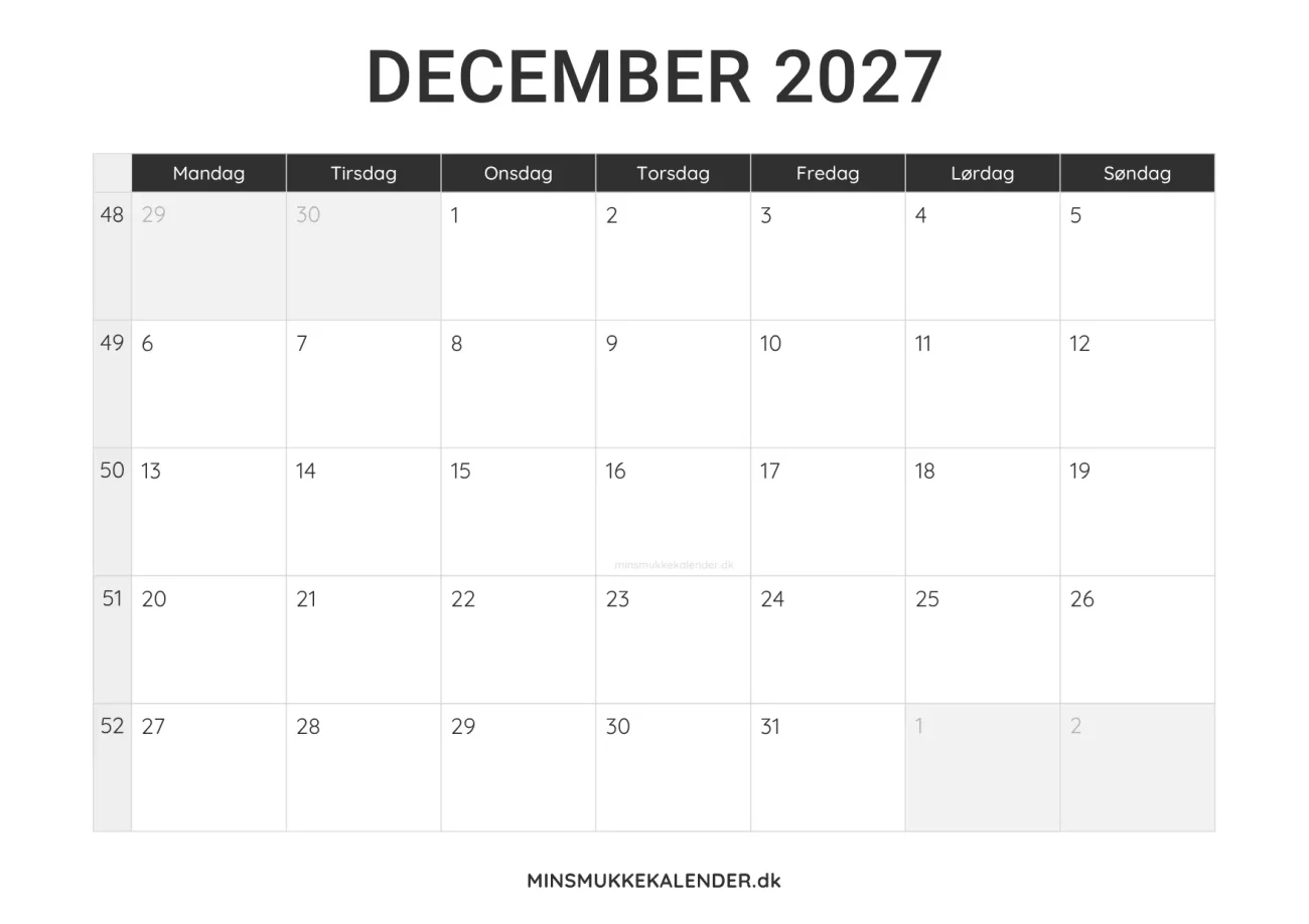 print selv kalender december 2027 - minimalistisk layout til udskrift