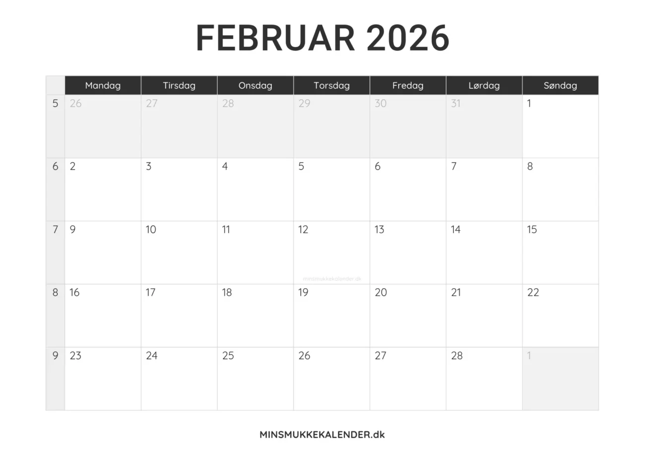 print selv kalender februar 2026 - minimalistisk layout til udskrift