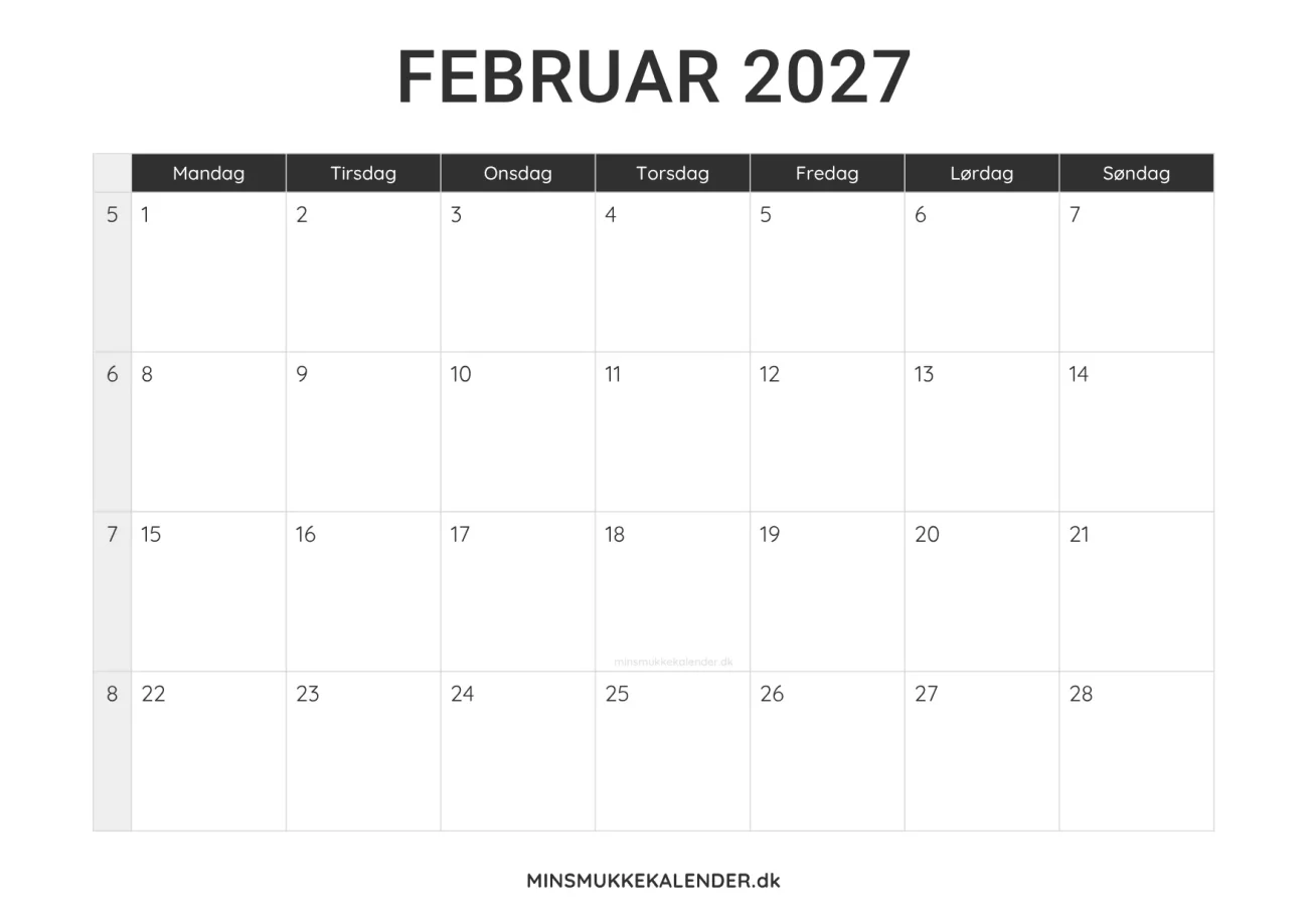 print selv kalender februar 2027 - minimalistisk layout til udskrift