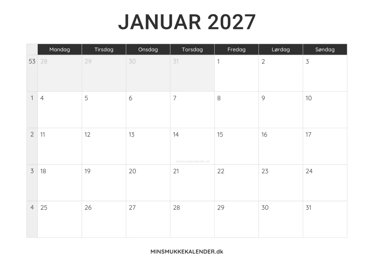 print selv kalender januar 2027 - minimalistisk layout til udskrift