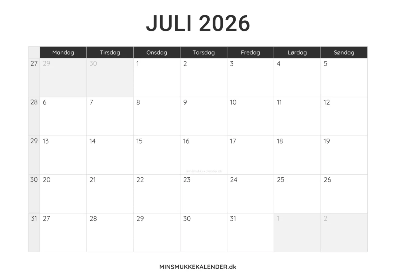 print selv kalender juli 2026 - minimalistisk layout til udskrift