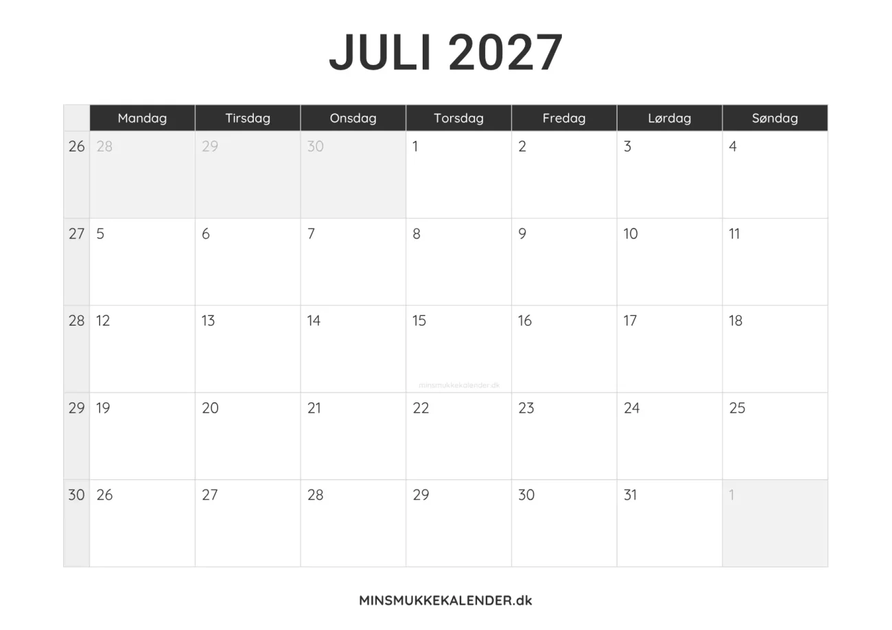 print selv kalender juli 2027 - minimalistisk layout til udskrift