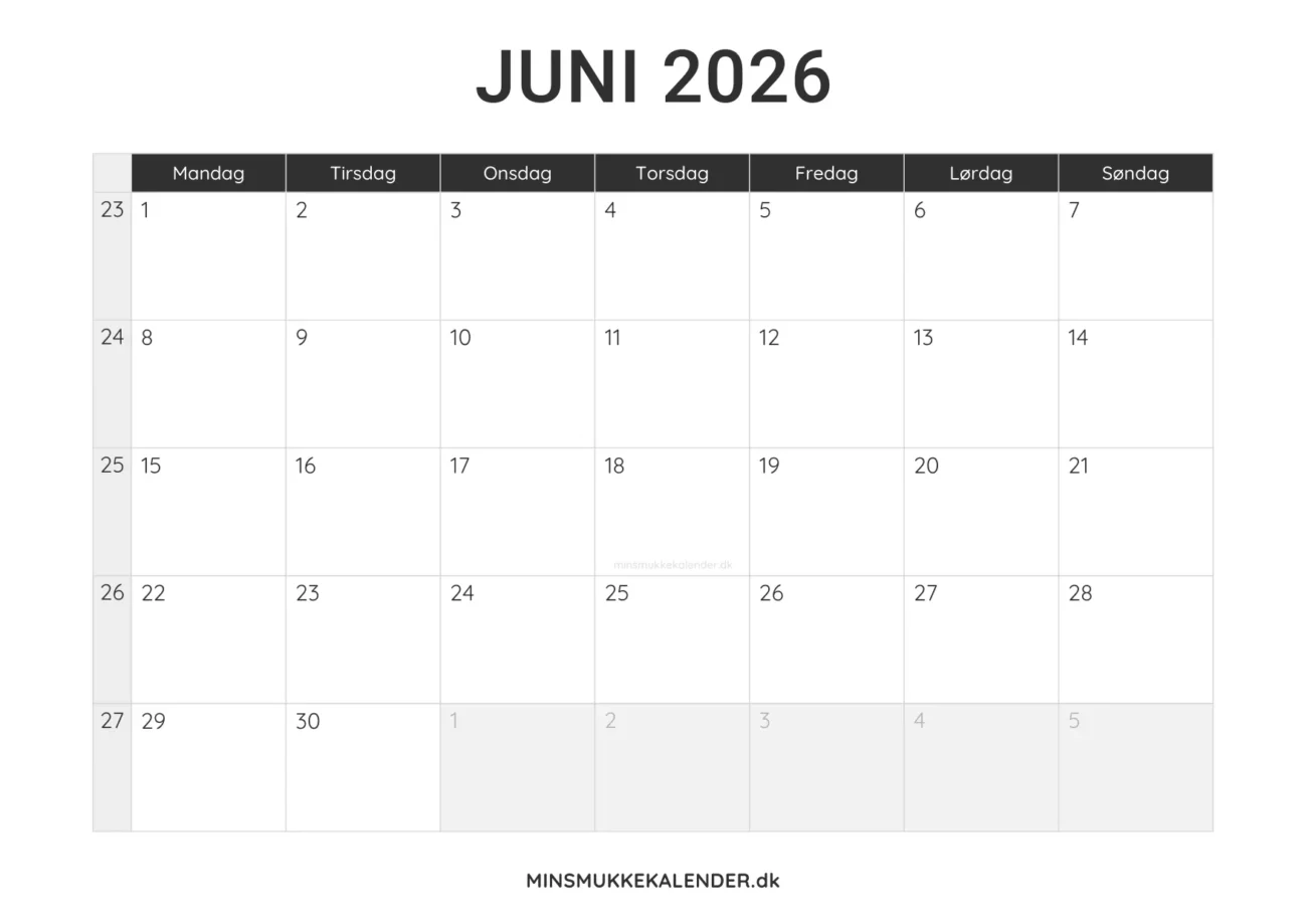print selv kalender juni 2026 - minimalistisk layout til udskrift