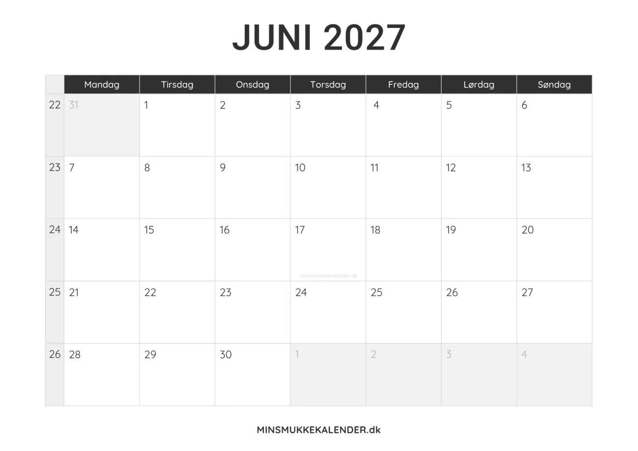 print selv kalender juni 2027 - minimalistisk layout til udskrift