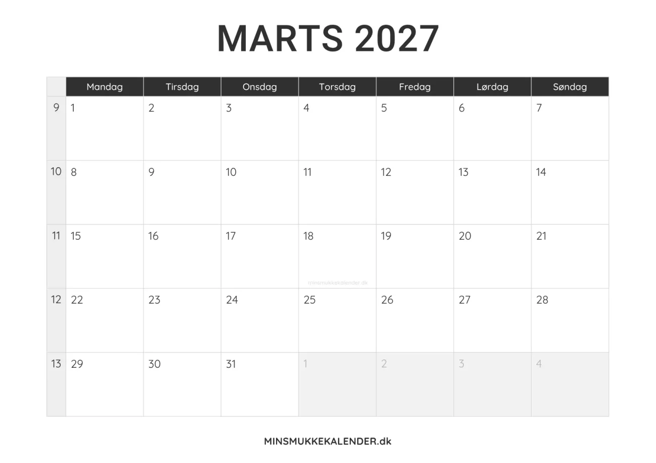 print selv kalender marts 2027 - minimalistisk layout til udskrift