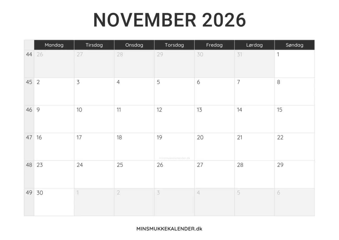 print selv kalender november 2026 - minimalistisk layout til udskrift