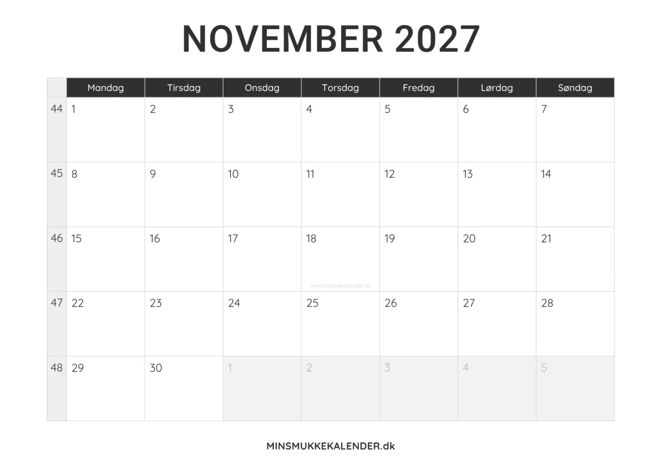 print selv kalender november 2027 - minimalistisk layout til udskrift