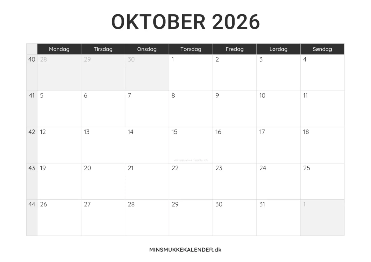 print selv kalender oktober 2026 - minimalistisk layout til udskrift