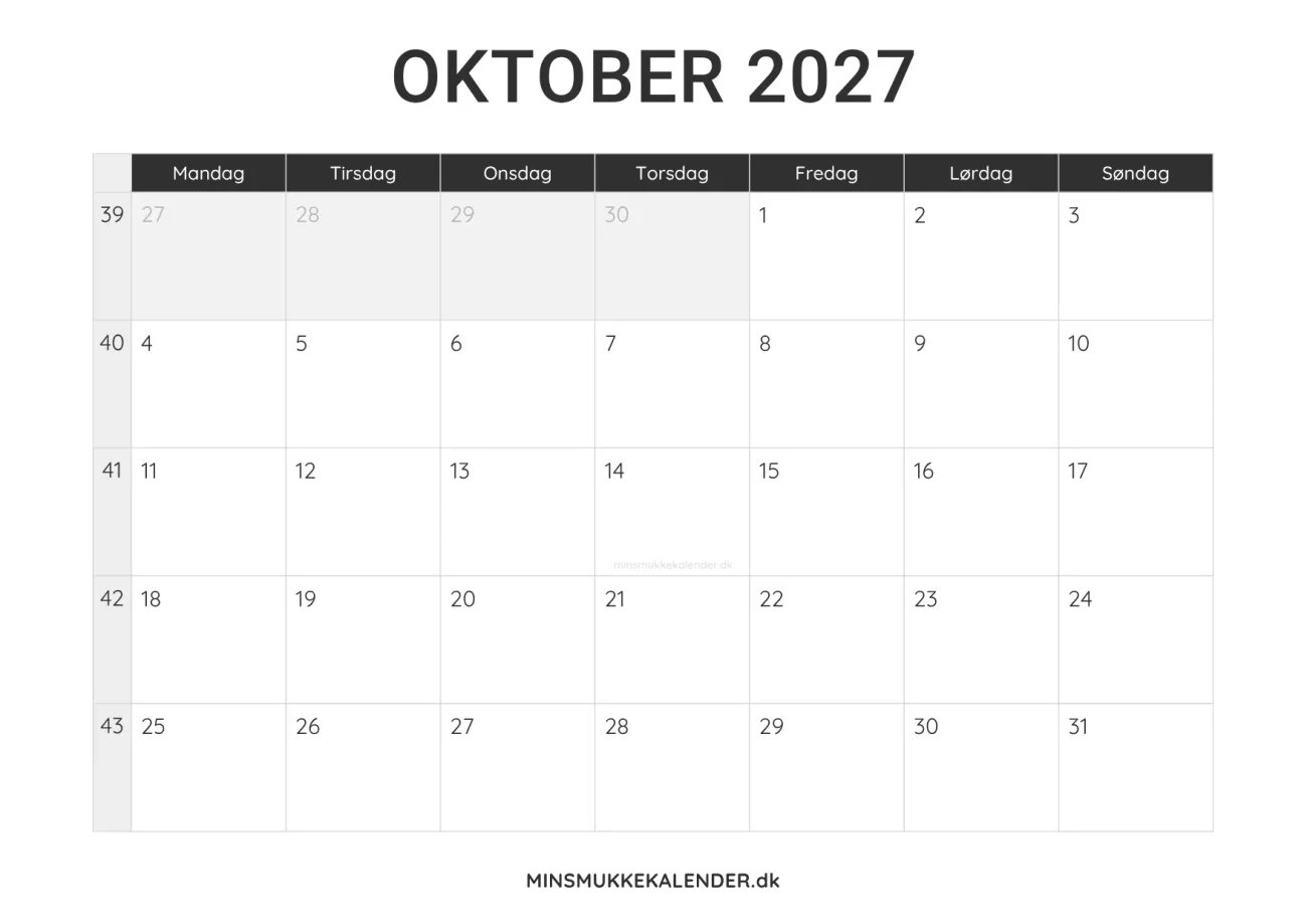 print selv kalender oktober 2027 - minimalistisk layout til udskrift