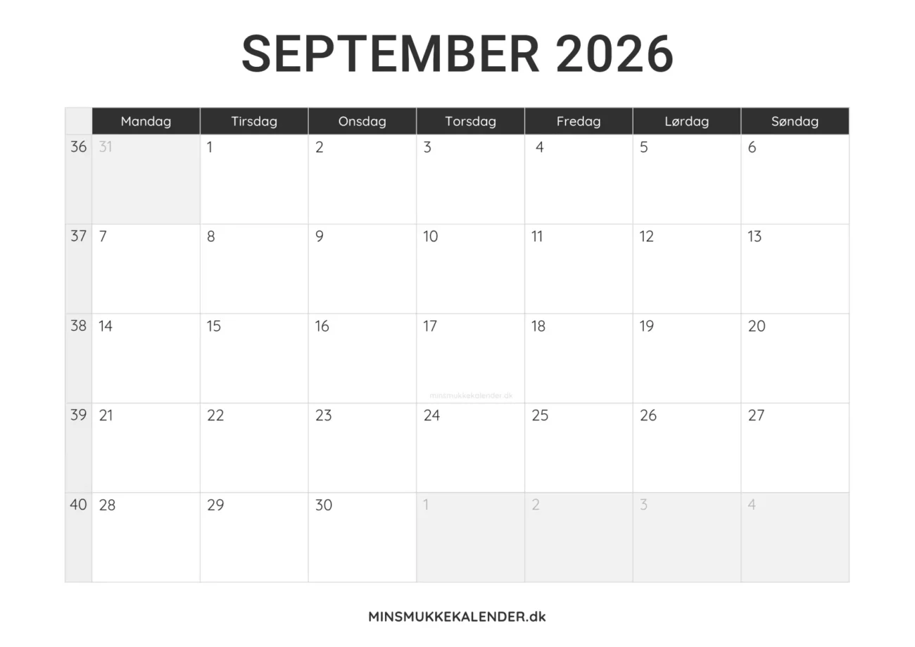 print selv kalender september 2026 - minimalistisk layout til udskrift