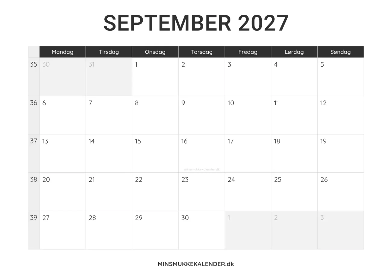 print selv kalender september 2027 - minimalistisk layout til udskrift