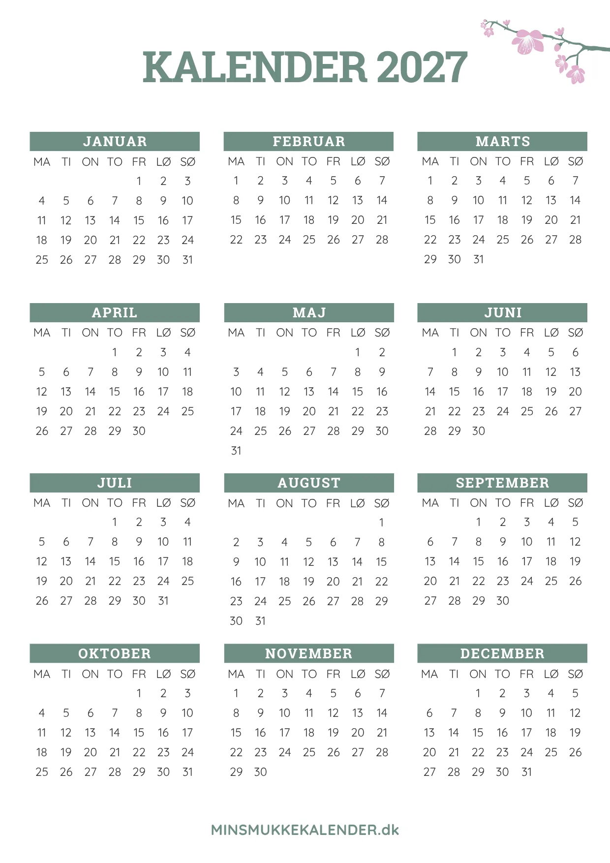 printbar kalender 2027 - hele året med elegant blomsterpynt